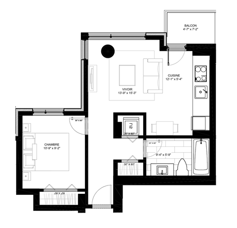 Floor plan for 1 bed, 1 bath, 542 sqft
